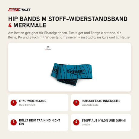 tiguar Hip Bands M Stoff-Widerstandsband mit 4 Merkmalen: 17 kg Widerstand, Rutschfeste Innenseite, Rollt beim Training nicht ein, Stoff aus Nylon und Gummi