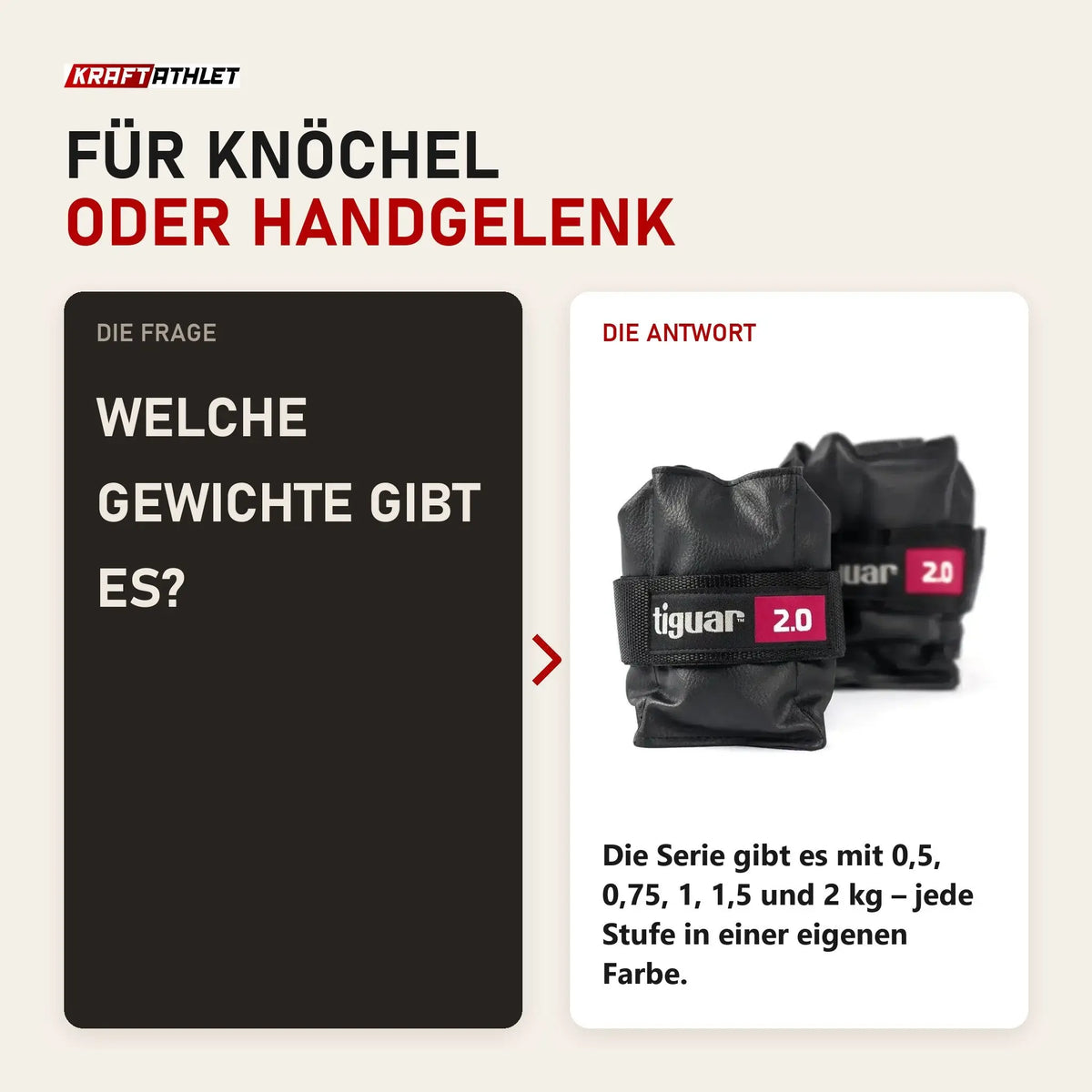 Frage und Antwort zu tiguar Knöchelgewichte 2 kg (Paar): Welche Gewichte gibt es?
