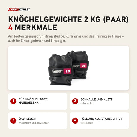tiguar Knöchelgewichte 2 kg (Paar) mit 4 Merkmalen: Für Knöchel oder Handgelenk, Schnalle und Klett, Öko-Leder, Füllung aus Stahlschrot