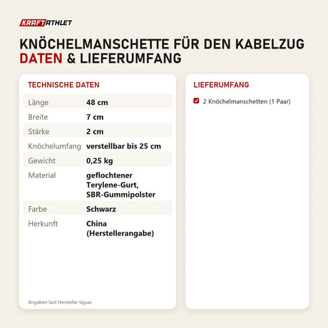 Technische Daten und Lieferumfang von tiguar Knöchelmanschette für den Kabelzug als Tabelle