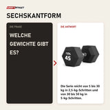Frage und Antwort zu tiguar Kurzhantel HEX 45 kg Gummi: Welche Gewichte gibt es?