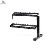 tiguar Kurzhantel-Rack Modul mit Caps in Schrägansicht mit zwei leeren Ablageebenen für Kurzhanteln