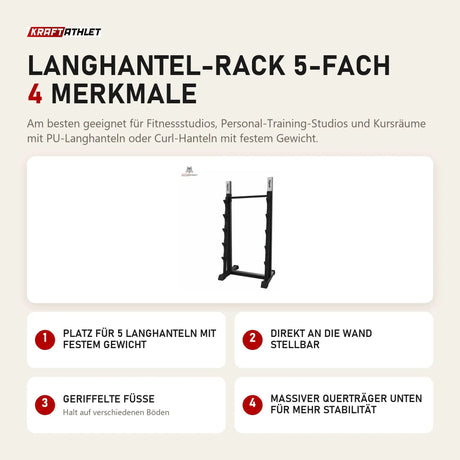 tiguar Langhantel-Rack 5-fach mit 4 Merkmalen: Platz für 5 Langhanteln mit festem Gewicht, Direkt an die Wand stellbar, Geriffelte Füße, Massiver Querträger unten für mehr Stabilität