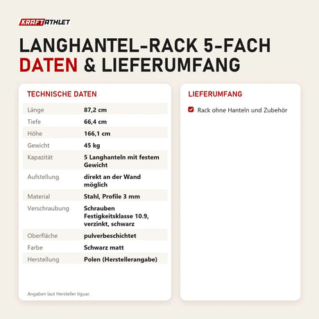 Technische Daten und Lieferumfang von tiguar Langhantel-Rack 5-fach als Tabelle