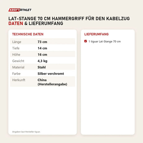 Technische Daten und Lieferumfang von tiguar Lat-Stange 70 cm Hammergriff für den Kabelzug als Tabelle