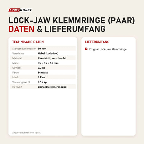 Technische Daten und Lieferumfang von tiguar Lock-Jaw Klemmringe (Paar) als Tabelle