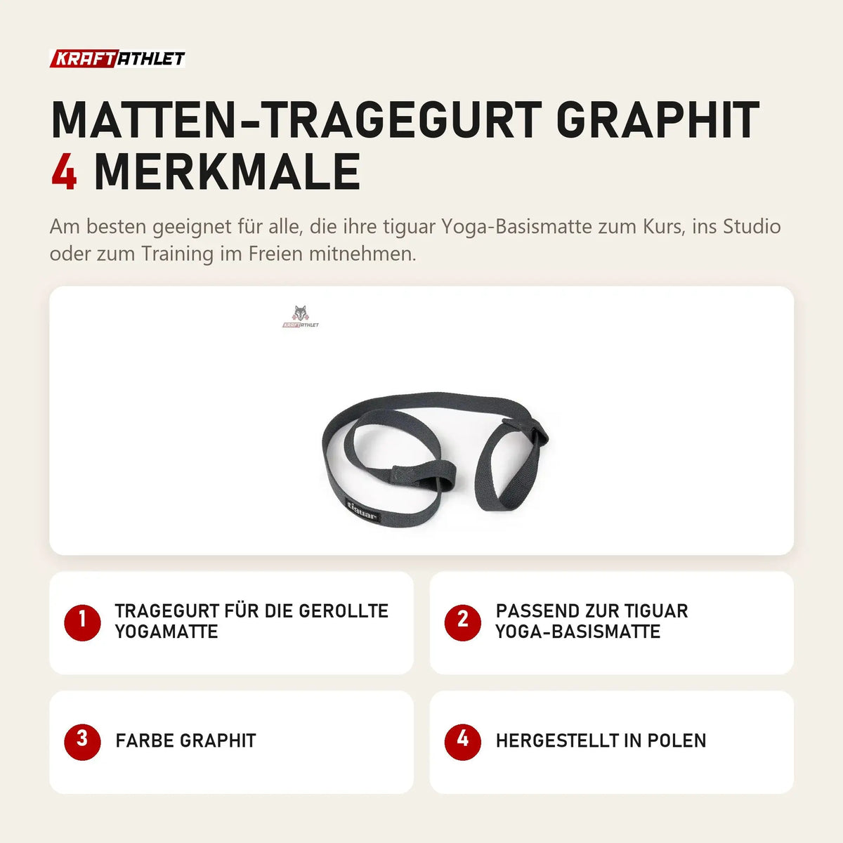 tiguar Matten-Tragegurt Graphit mit 4 Merkmalen: Tragegurt für die gerollte Yogamatte, Passend zur Yoga-Basismatte, Farbe Graphit, Hergestellt in Polen