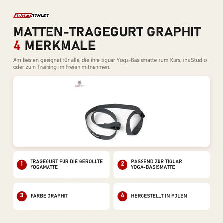 tiguar Matten-Tragegurt Graphit mit 4 Merkmalen: Tragegurt für die gerollte Yogamatte, Passend zur Yoga-Basismatte, Farbe Graphit, Hergestellt in Polen