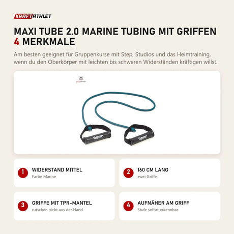 tiguar Maxi Tube 2.0 Marine Tubing mit Griffen mit 4 Merkmalen: Widerstand mittel, 160 cm lang, Griffe mit TPR-Mantel, Aufnäher am Griff