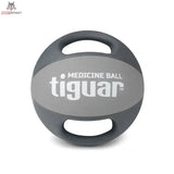 tiguar Medizinball Dual Grip 6 kg mit Griffen, Frontansicht mit hellgrauem Mittelband und zwei Griffen