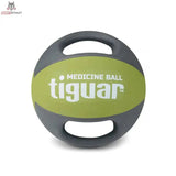 tiguar Medizinball Dual Grip 6 kg mit Griffen, Frontansicht mit hellgrünem Mittelband und zwei Griffen
