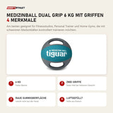 tiguar Medizinball Dual Grip 6 kg mit Griffen mit 4 Merkmalen: 6 kg, Zwei Griffe, Raue Gummioberfläche, Luftgefüllt