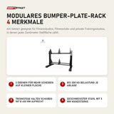 tiguar Modulares Bumper-Plate-Rack mit 4 Merkmalen: 2 Ebenen für mehr Scheiben auf kleiner Fläche, Bis 200 kg Belastung je Ablage, Trennstege halten Scheiben mit Ø 450 mm aufrecht, Geschweißter Stahl mit 3 mm Wandstärke