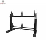 tiguar Modulares Bumper-Plate-Rack in Schwarz, Schrägansicht von links mit zwei Ebenen und Trennstiften