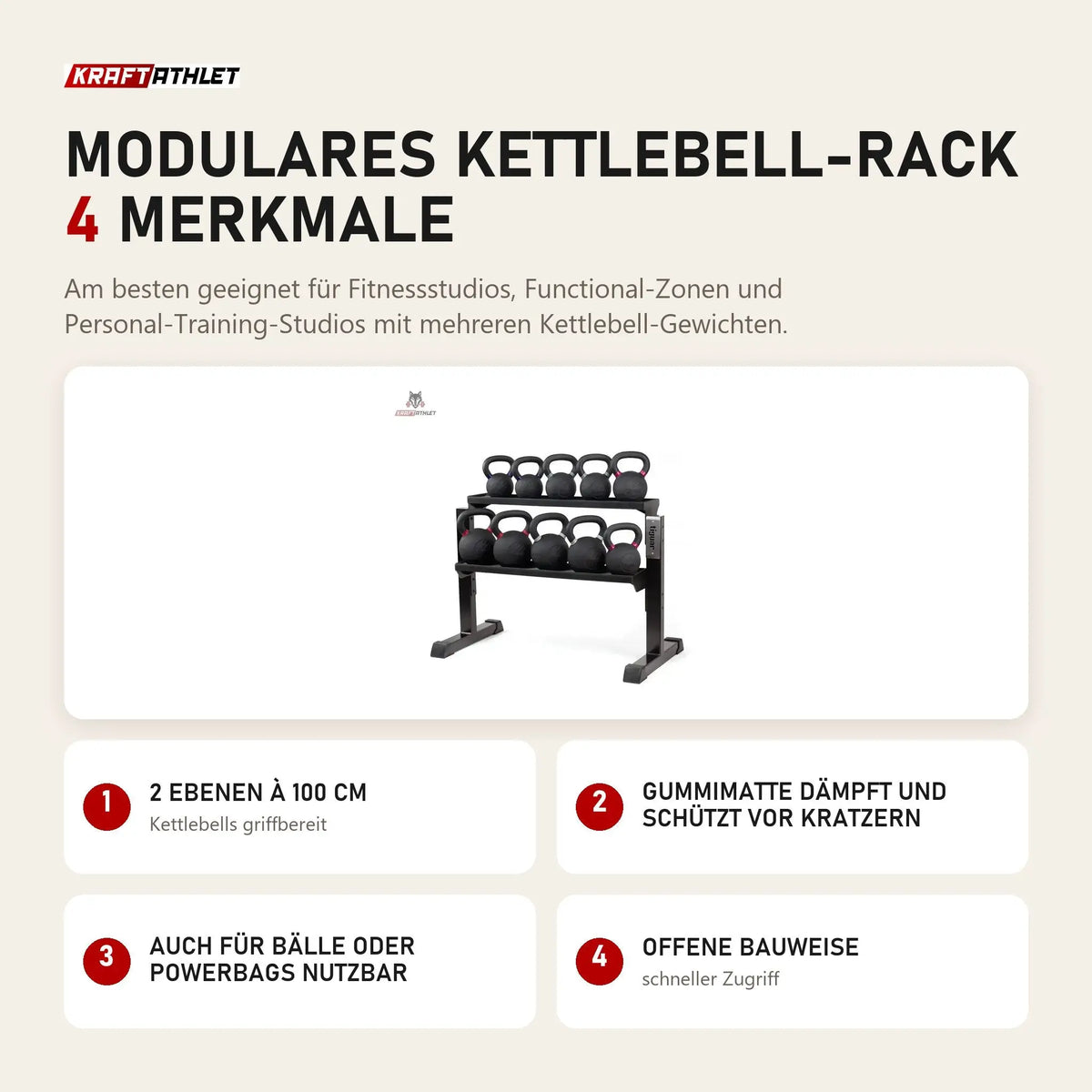 tiguar Modulares Kettlebell-Rack mit 4 Merkmalen: 2 Ebenen à 100 cm, Gummimatte dämpft und schützt vor Kratzern, Auch für Bälle oder Powerbags nutzbar, Offene Bauweise