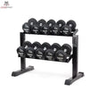 tiguar Modulares Kurzhantel-Rack mit Caps in Schrägansicht mit zwei Ablagen voller Kurzhanteln