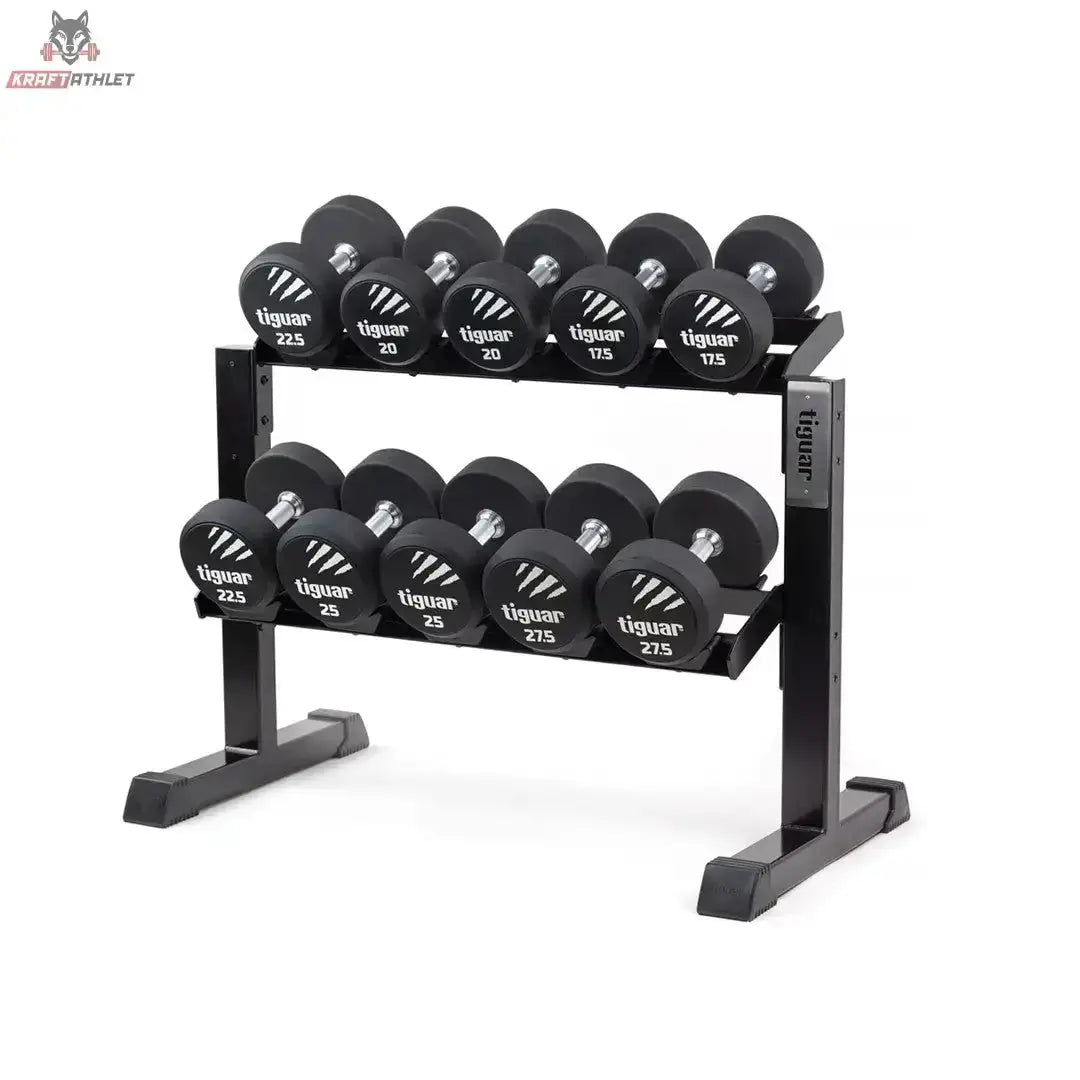 tiguar Modulares Kurzhantel-Rack mit Caps in Schrägansicht mit zwei Ablagen voller Kurzhanteln