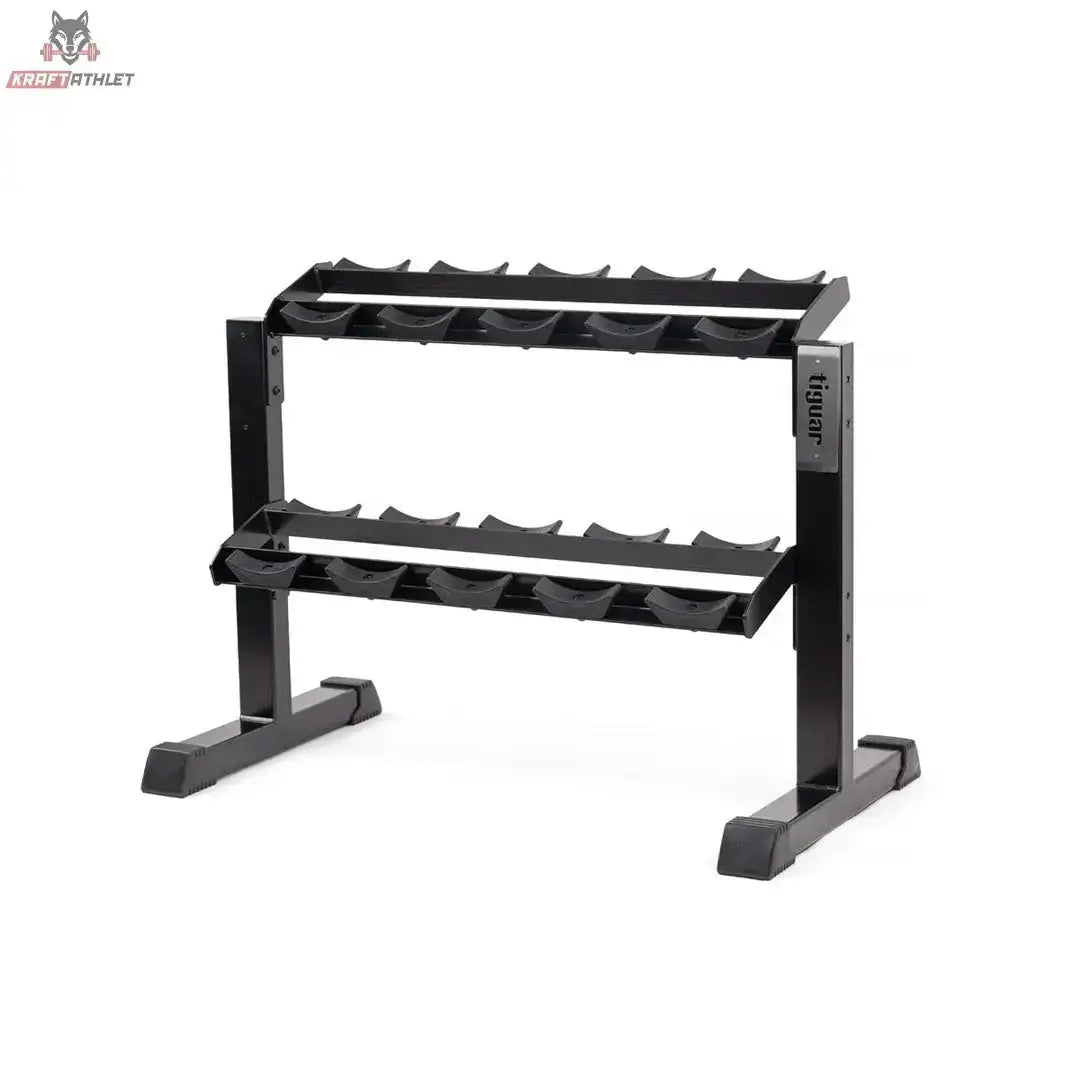 tiguar Modulares Kurzhantel-Rack mit Caps in Schrägansicht ohne Kurzhanteln mit zwei leeren Ablagen