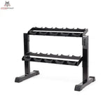 tiguar Modulares Kurzhantel-Rack mit Caps in Schrägansicht ohne Kurzhanteln mit zwei leeren Ablagen