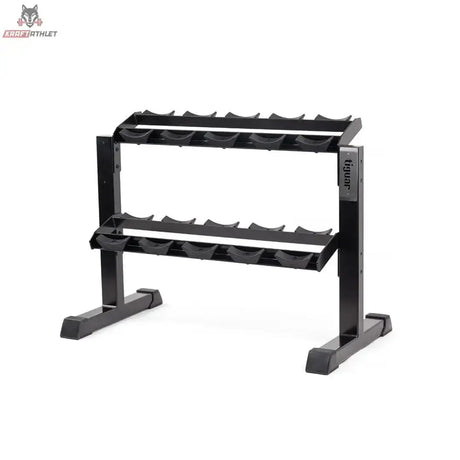 tiguar Modulares Kurzhantel-Rack mit Caps in Schrägansicht ohne Kurzhanteln mit zwei leeren Ablagen