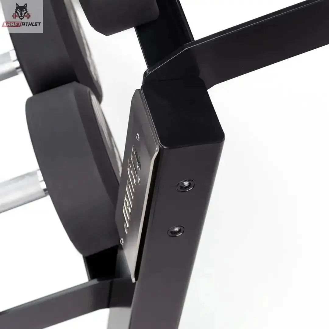 tiguar Modulares Kurzhantel-Rack ohne Caps, 2 Ebenen als Detail der Rahmenverbindung mit Schrauben und seitlichem Logo