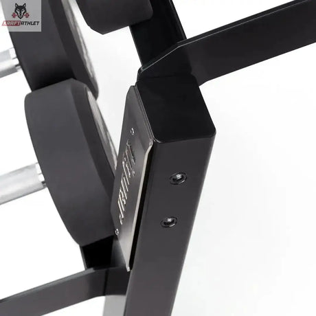 tiguar Modulares Kurzhantel-Rack ohne Caps, 2 Ebenen als Detail der Rahmenverbindung mit Schrauben und seitlichem Logo