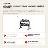 tiguar Modulares Kurzhantel-Rack ohne Caps, 2 Ebenen mit 4 Merkmalen: 2 Ablagen à 100 cm, Gummimatte auf den Ablagen, Sperren an den Ablagenenden, Kaskadenrahmen