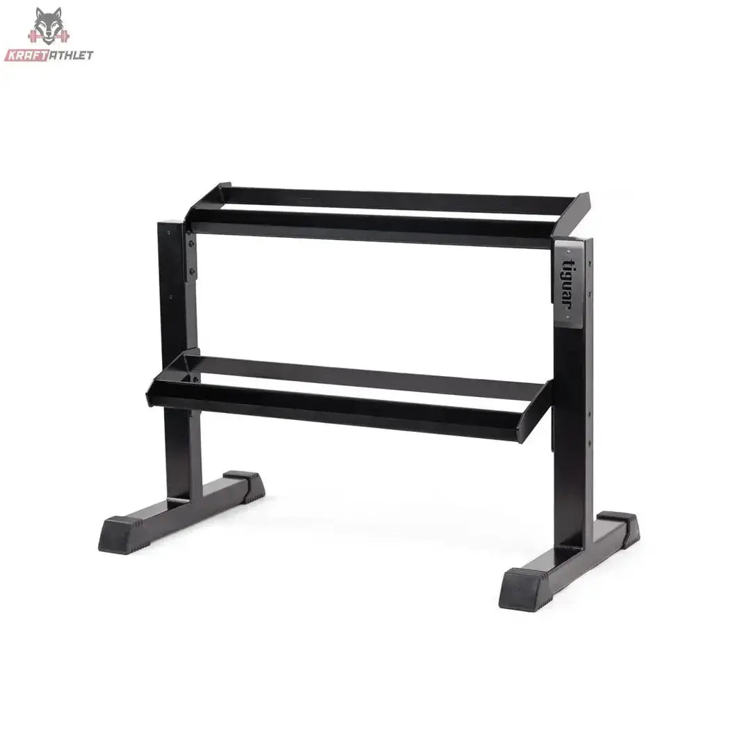 tiguar Modulares Kurzhantel-Rack ohne Caps, 2 Ebenen in Schrägansicht ohne Hanteln mit beiden leeren Ablageebenen
