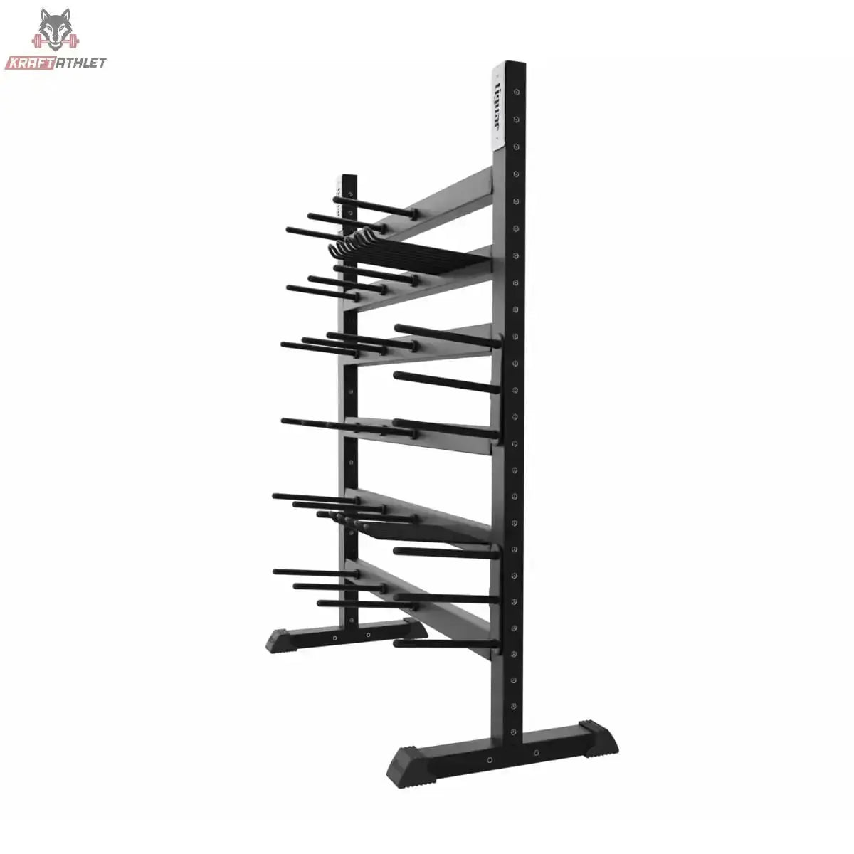 tiguar Modulares Powergym-Rack 22/24 in Seitenansicht mit auskragenden Ablagestangen, schwarz