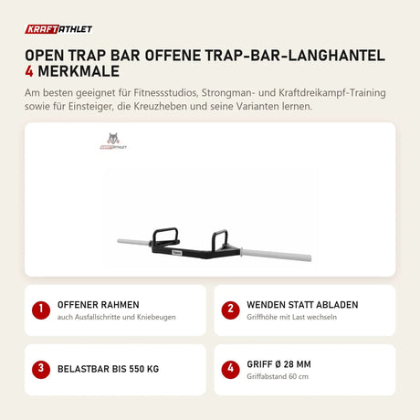 tiguar Open Trap Bar offene Trap-Bar-Langhantel mit 4 Merkmalen: Offener Rahmen, Wenden statt Abladen, Belastbar bis 550 kg, Griff Ø 28 mm