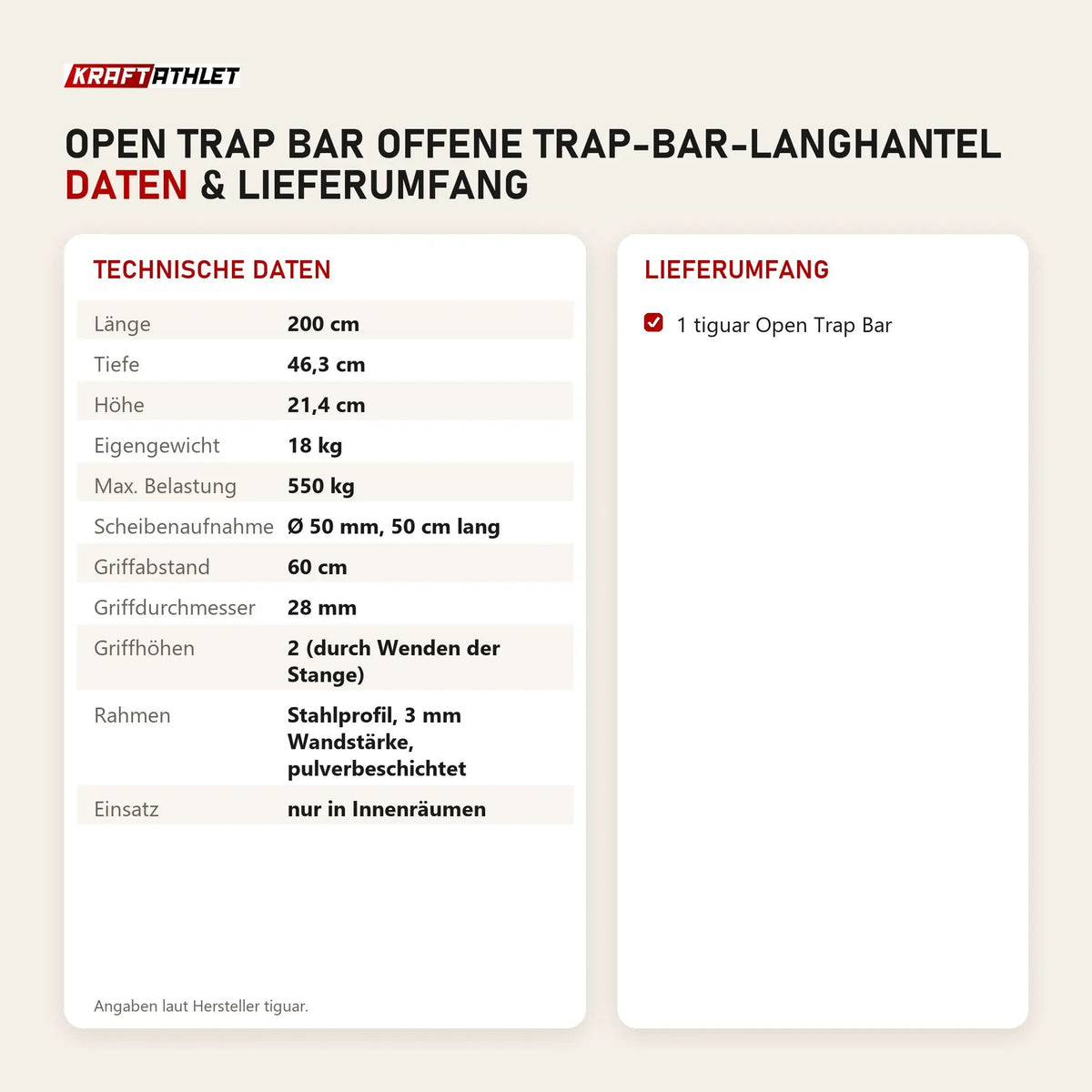 Technische Daten und Lieferumfang von tiguar Open Trap Bar offene Trap-Bar-Langhantel als Tabelle