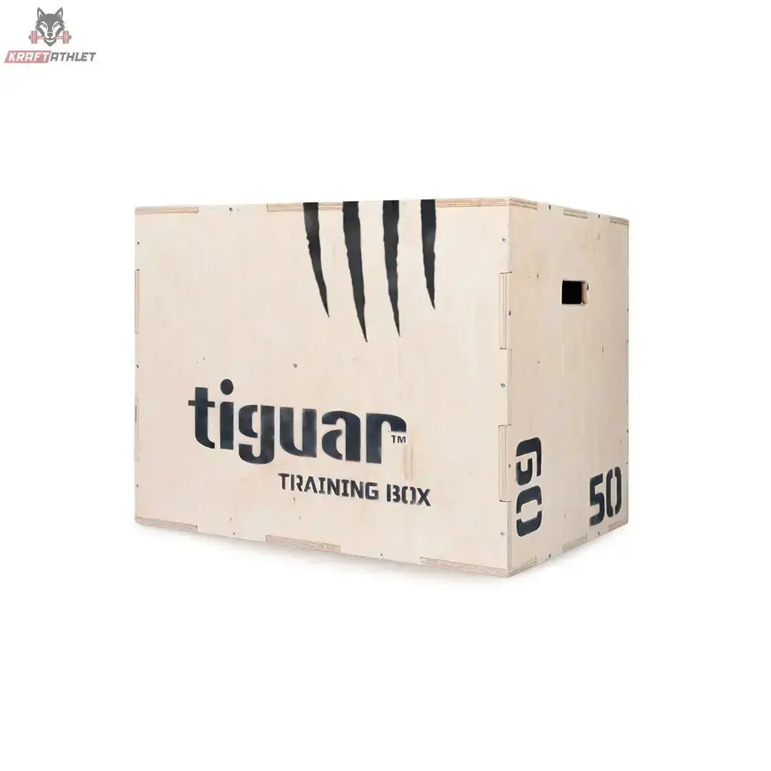 tiguar Plyobox Holz 3 in 1, Schrägansicht der Holzbox mit schwarzem Logo und Höhenangabe 50