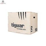tiguar Plyobox Holz 3 in 1, Schrägansicht der Holzbox mit schwarzem Logo und Höhenangabe 50