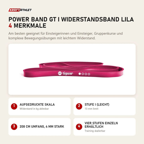 tiguar Power Band GT I Widerstandsband Lila mit 4 Merkmalen: Aufgedruckte Skala, Stufe I (leicht), 208 cm Umfang, 4 mm stark, Vier Stufen einzeln erhältlich