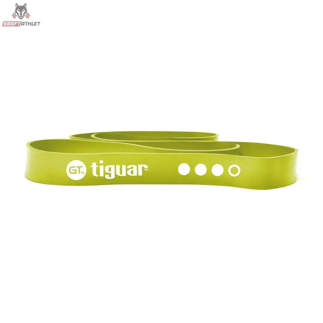 tiguar Power Band GT III Widerstandsband Olive, flach liegend mit Logo und Stufenanzeige auf dem Band