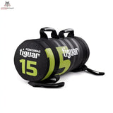 tiguar Powerbag 15 kg V3 in Schwarz mit limettengrüner Ziffer 15 und Tragegriffen, Schrägansicht