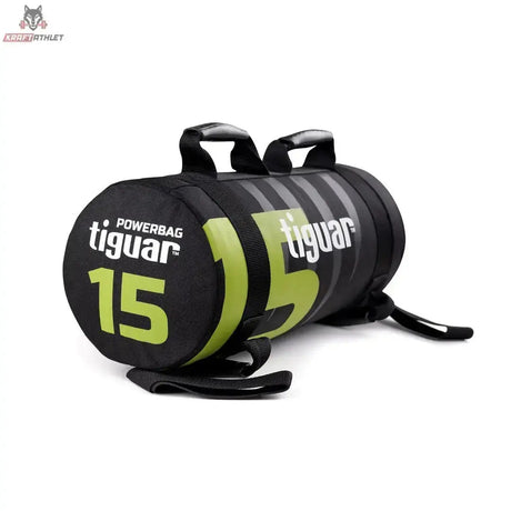 tiguar Powerbag 15 kg V3 in Schwarz mit limettengrüner Ziffer 15 und Tragegriffen, Schrägansicht