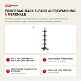 tiguar Powerbag-Rack 5-fach Aufbewahrung mit 4 Merkmalen: Platz für 5 Powerbags verschiedener Größen, Abgerundete Hakenenden, Verstärkter Standfuß mit Riffelung, Stahl aus 3-mm-Profilen