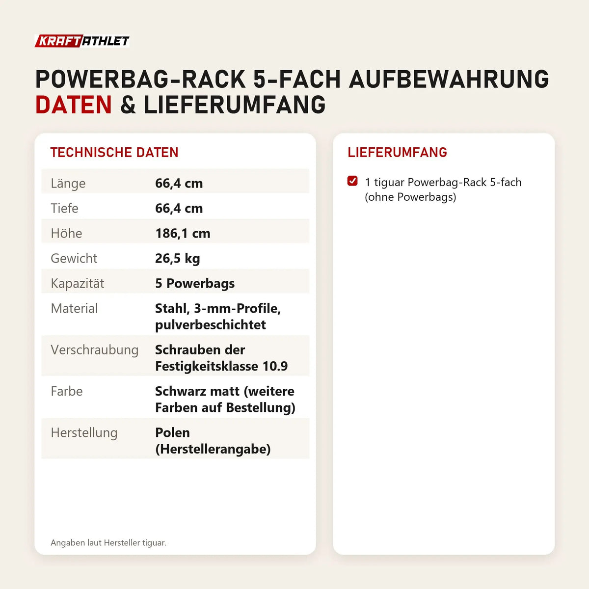 Technische Daten und Lieferumfang von tiguar Powerbag-Rack 5-fach Aufbewahrung als Tabelle