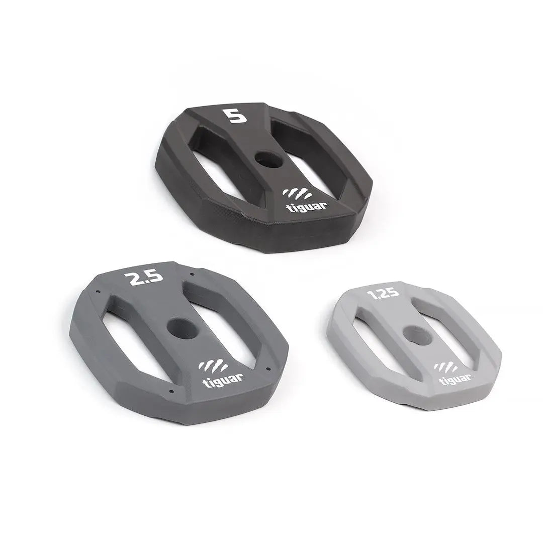 tiguar Powergym Fitness-Langhantel-Set v2: drei Hantelscheiben in 5, 2,5 und 1,25 kg
