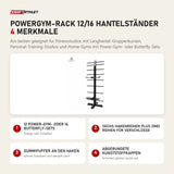 tiguar Powergym-Rack 12/16 Hantelständer mit 4 Merkmalen: 12 Power-Gym- oder 16 Butterfly-Sets, Sechs Hakenreihen plus zwei Reihen für Verschlüsse, Gummipuffer an den Haken, Abgerundete Kunststoffkappen
