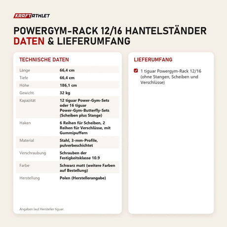 Technische Daten und Lieferumfang von tiguar Powergym-Rack 12/16 Hantelständer als Tabelle
