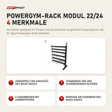 tiguar Powergym-Rack Modul 22/24 mit 4 Merkmalen: Verdoppelt die Kapazität des Basis-Racks, Stangenhalter und Scheibenhaken in einem, 6 Hakenreihen mit Gummipuffern, Montage am Standbein des Basis-Racks