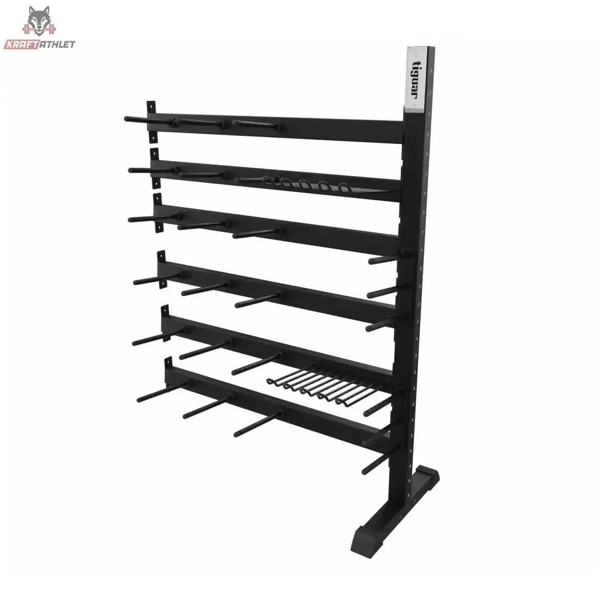 tiguar Powergym-Rack Modul 22/24 in Schrägansicht von links mit Ablagen und Haken