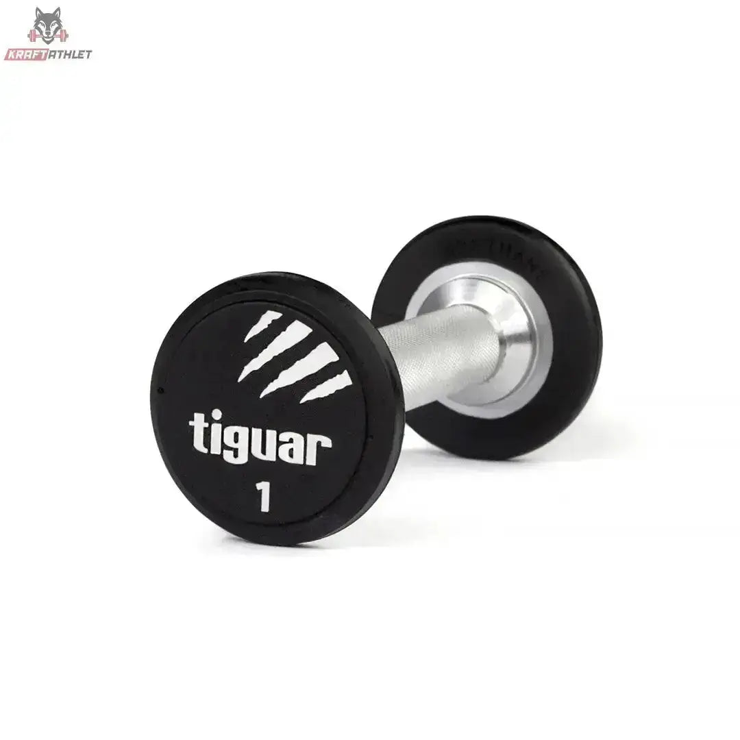 tiguar PU Kurzhantel 22,5 kg, Variante 1 kg, Schrägansicht mit Gewichtsangabe auf der Scheibe