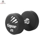 tiguar PU Kurzhantel 22,5 kg, Variante 25 kg, Schrägansicht mit Gewichtsangabe auf der Scheibe