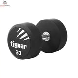 tiguar PU Kurzhantel 22,5 kg, Variante 30 kg, Schrägansicht mit Gewichtsangabe auf der Scheibe