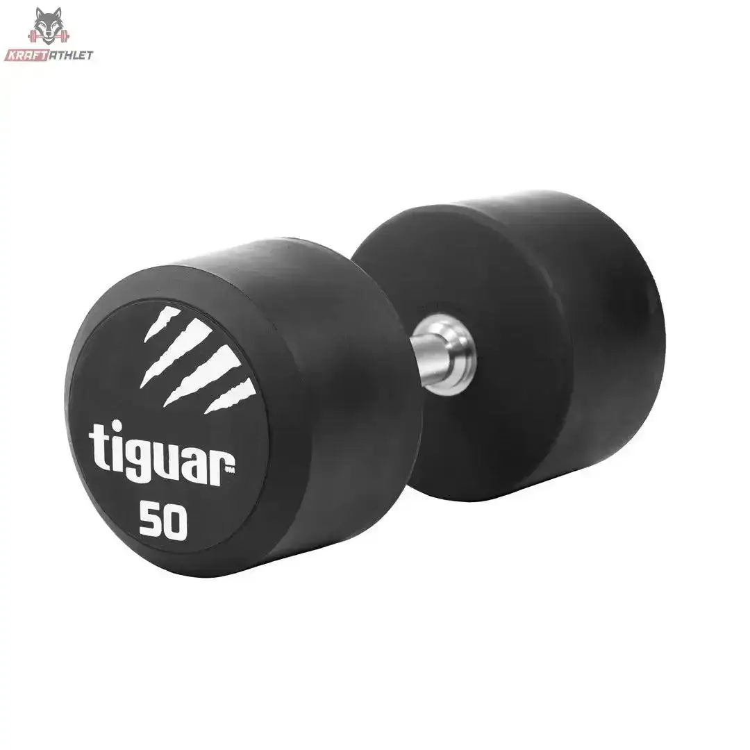 tiguar PU Kurzhantel 22,5 kg, Variante 50 kg, Schrägansicht mit Gewichtsangabe auf der Scheibe