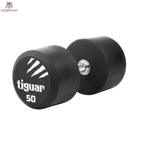 tiguar PU Kurzhantel 22,5 kg, Variante 50 kg, Schrägansicht mit Gewichtsangabe auf der Scheibe