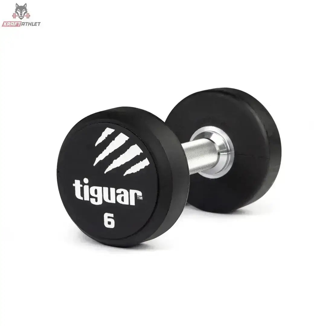 tiguar PU Kurzhantel 22,5 kg, Variante 6 kg, Schrägansicht mit Gewichtsangabe auf der Scheibe